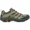 Merrell waterproof hiking shoe with olive suede overlays, gray mesh, orange laces, and a rugged Vibram sole.