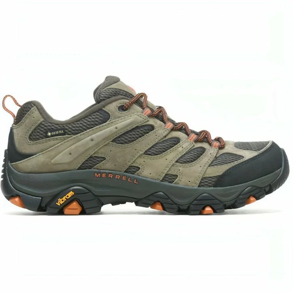 Merrell waterproof hiking shoe with olive suede overlays, gray mesh, orange laces, and a rugged Vibram sole.