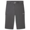 Gray outdoor shorts with integrated belt and zip pockets; Montane logo on the right leg.