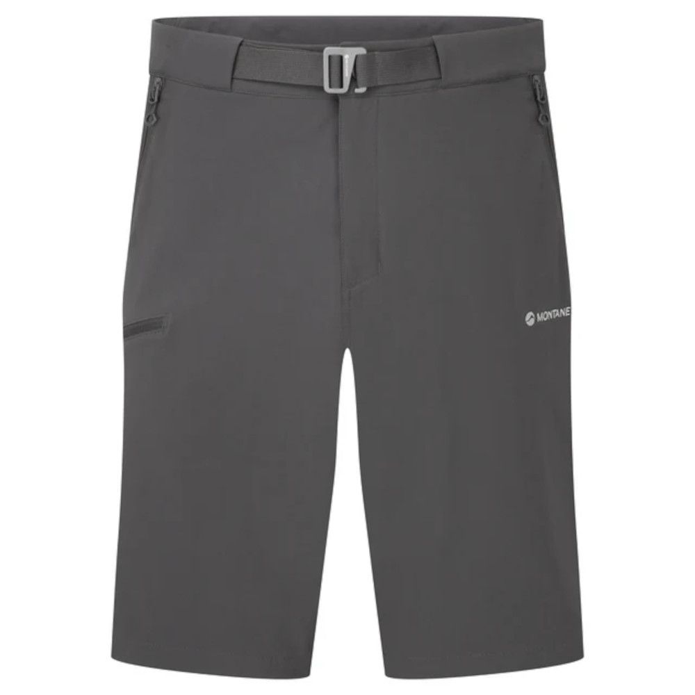 Gray outdoor shorts with integrated belt and zip pockets; Montane logo on the right leg.