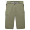 Olive green knee-length shorts with a grey adjustable belt and zip pockets on the sides.