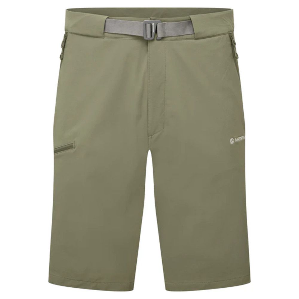 Olive green knee-length shorts with a grey adjustable belt and zip pockets on the sides.