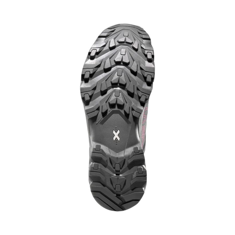 Outsole of a rugged hiking shoe with aggressive, deep lugs for traction on trails