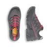 Top and side views of a black and gray trail running shoe with pink laces and pink accents, showing rugged outsole and La Sportiva branding.