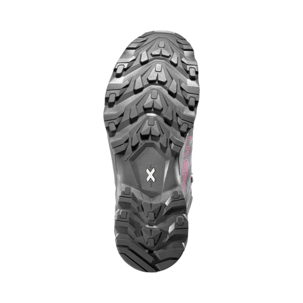 Bottom view of a gray hiking shoe with aggressive, chunky lug pattern for off-road traction