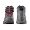 Pair of gray hiking boots shown from the front and back, with pink laces and rugged outsoles.