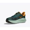 Green trail-running shoe with orange accents and a chunky, pale green sole.
