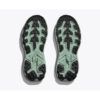 Bottom view of two trail running shoe soles in mint green and black, showing rugged tread and bold lug pattern.