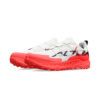 White trail running shoes with bright red outsole and a BOA dial on the side for tightening.