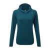 Teal long-sleeve hooded athletic top with a small logo badge near the neckline on a white background.