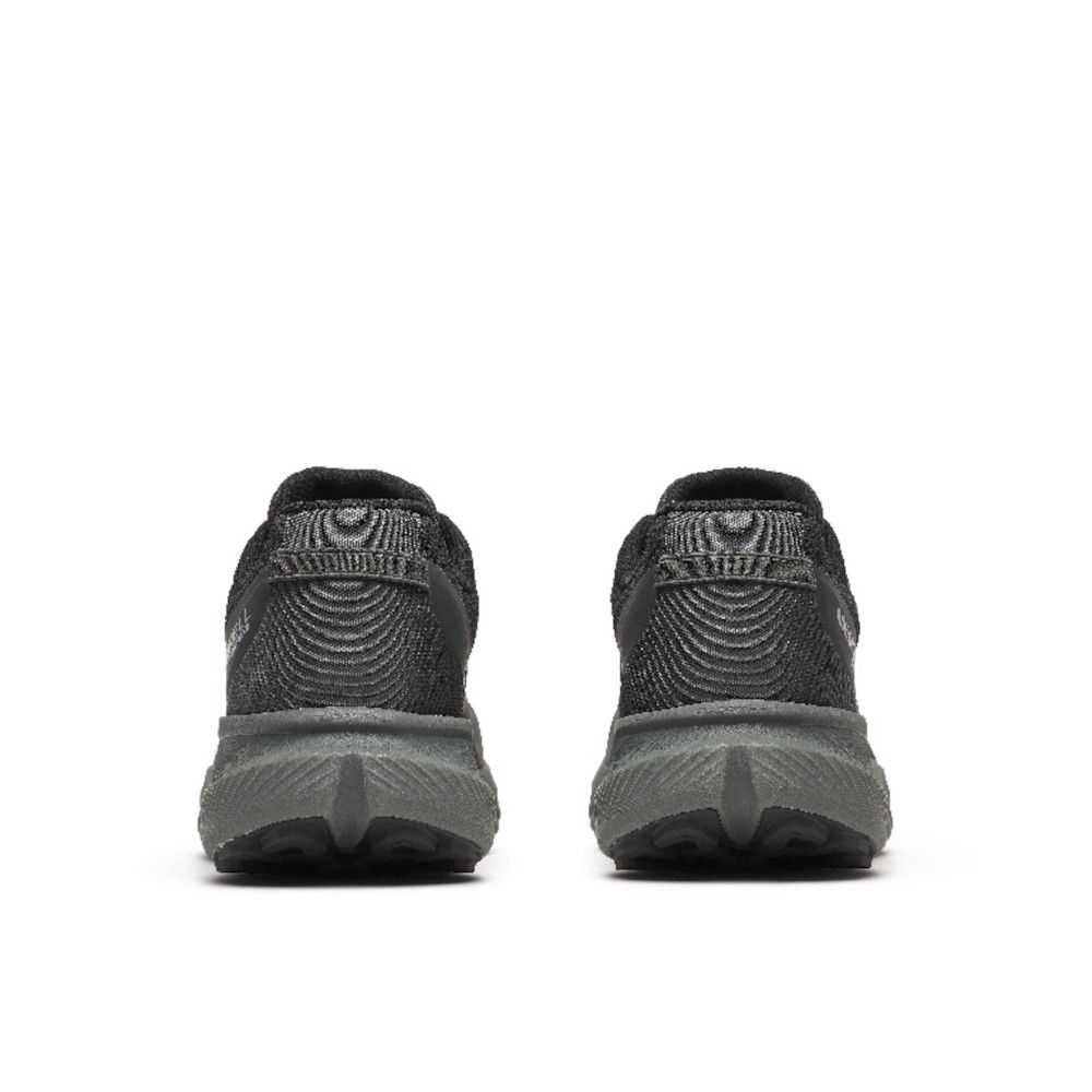 Rear view of two dark gray running shoes on a white background, showing the heels and soles side by side