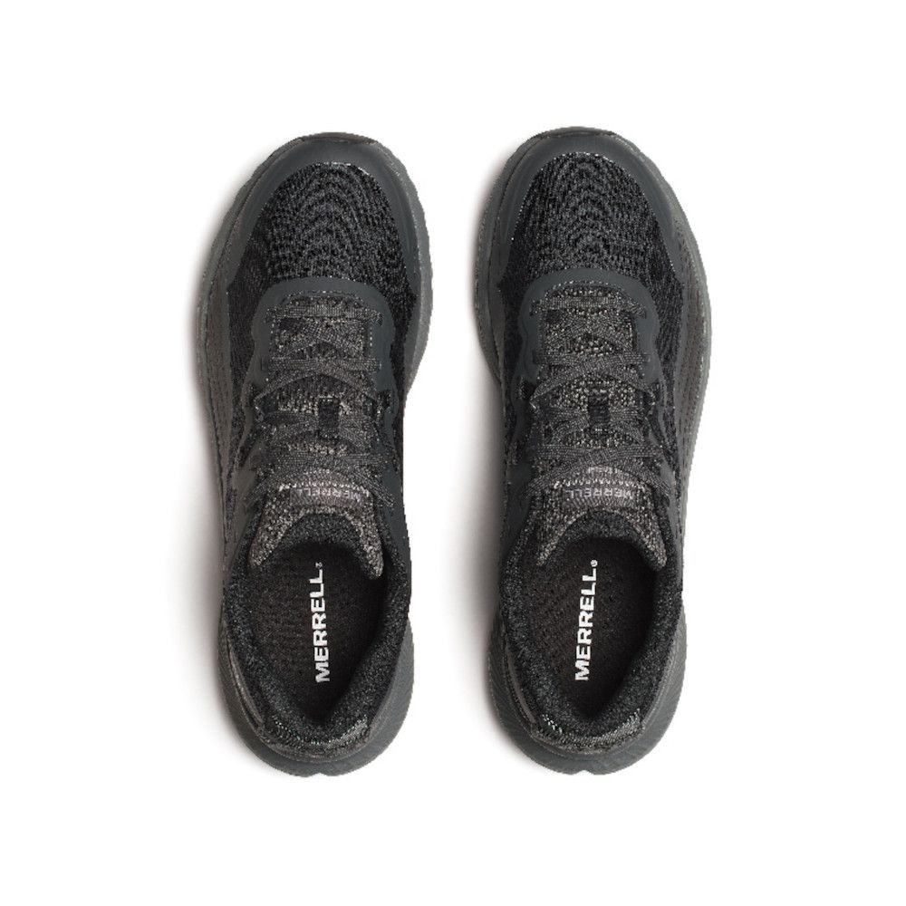 Top-down view of a pair of black Merrell sneakers with knit uppers and laces tied