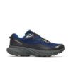 Merrell blue and black waterproof trail running shoe with a gray chunky sole.