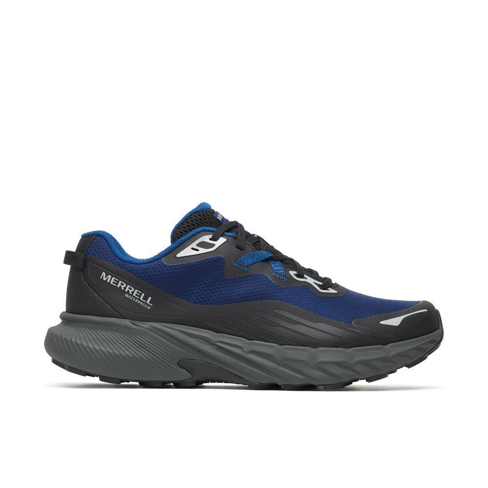 Merrell blue and black waterproof trail running shoe with a gray chunky sole.