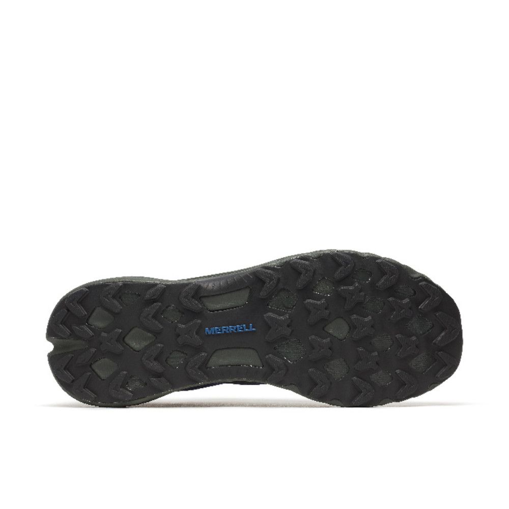Black Merrell trail shoe outsole with deep lugs and blue Merrell logo on the midfoot area.