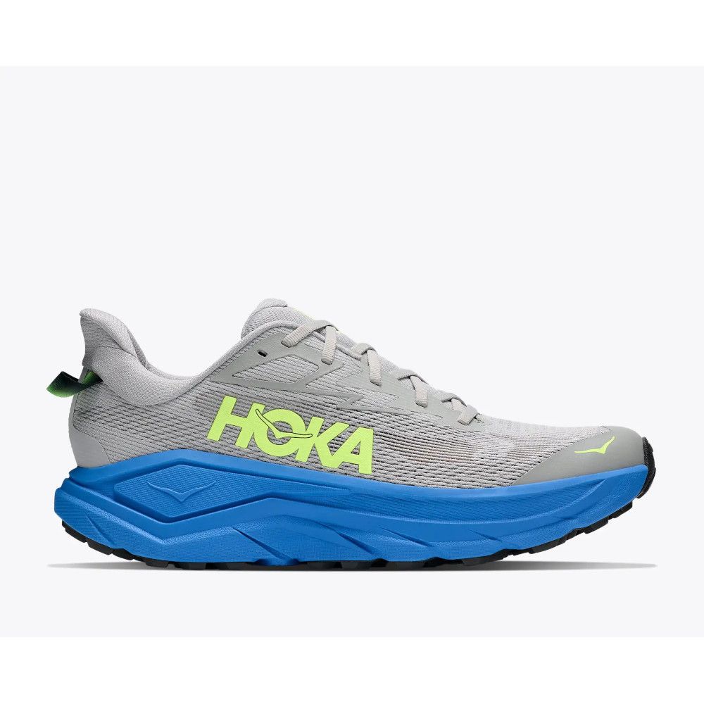 1_43c614ff-305c-487c-b528-744a22aa94cf Gray HOKA running shoe with a bright blue oversized midsole and neon green logo on the side.