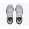 1_43c614ff-305c-487c-b528-744a22aa94cf Top-down view of two gray and blue HOKA running shoes with lime green accents placed side by side.