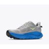1_43c614ff-305c-487c-b528-744a22aa94cf Grey running shoe with a bright blue thick midsole and lime logo on the side,
