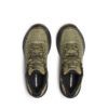 Top-down view of a pair of olive-green Merrell hiking shoes shown side by side, laces tied and soles visible