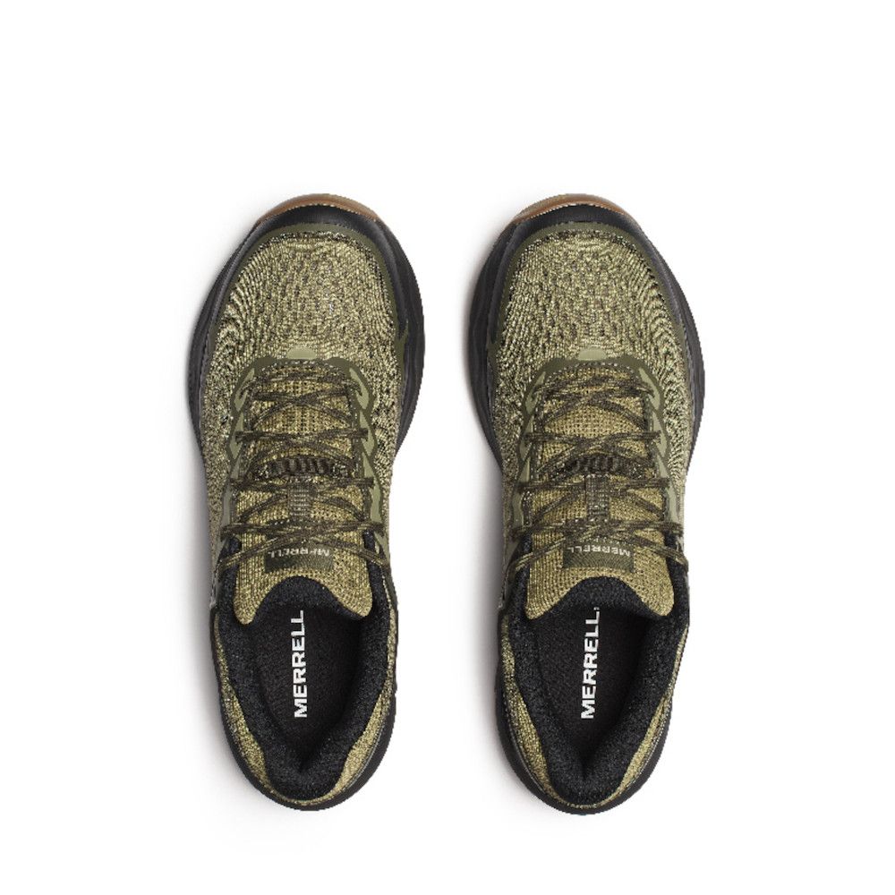 Top-down view of a pair of olive-green Merrell hiking shoes shown side by side, laces tied and soles visible