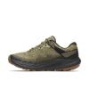 Olive-green woven hiking sneaker with black accents and a gum brown outsole viewed from the side at ground level.