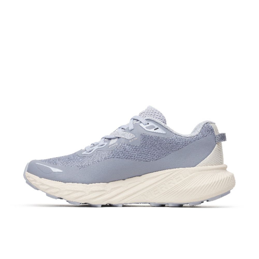 Light gray athletic sneaker with a knit upper and chunky cream sole, viewed from the side.