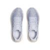 Top-down view of a pair of pale lavender Merrell running shoes placed side by side.