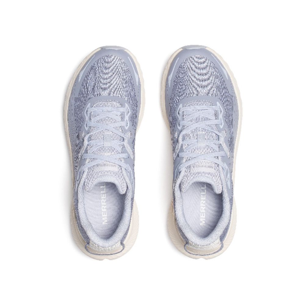 Top-down view of a pair of pale lavender Merrell running shoes placed side by side.