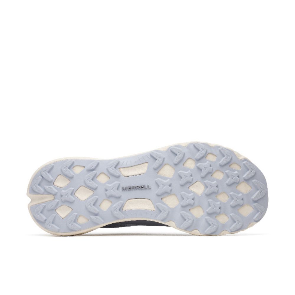 Light blue/gray trail running shoe outsole with rugged, multi-directional lugs and cutouts (Merrell) focused on grip.