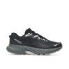 Black Merrell waterproof running shoe with thick gray sole and rugged tread, side view.