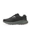 Black athletic sneaker with a textured knit upper and chunky gray sole, side view of shoe