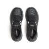 Top-down view of a pair of black Merrell running shoes with knit uppers and laces, brand visible on the tongues