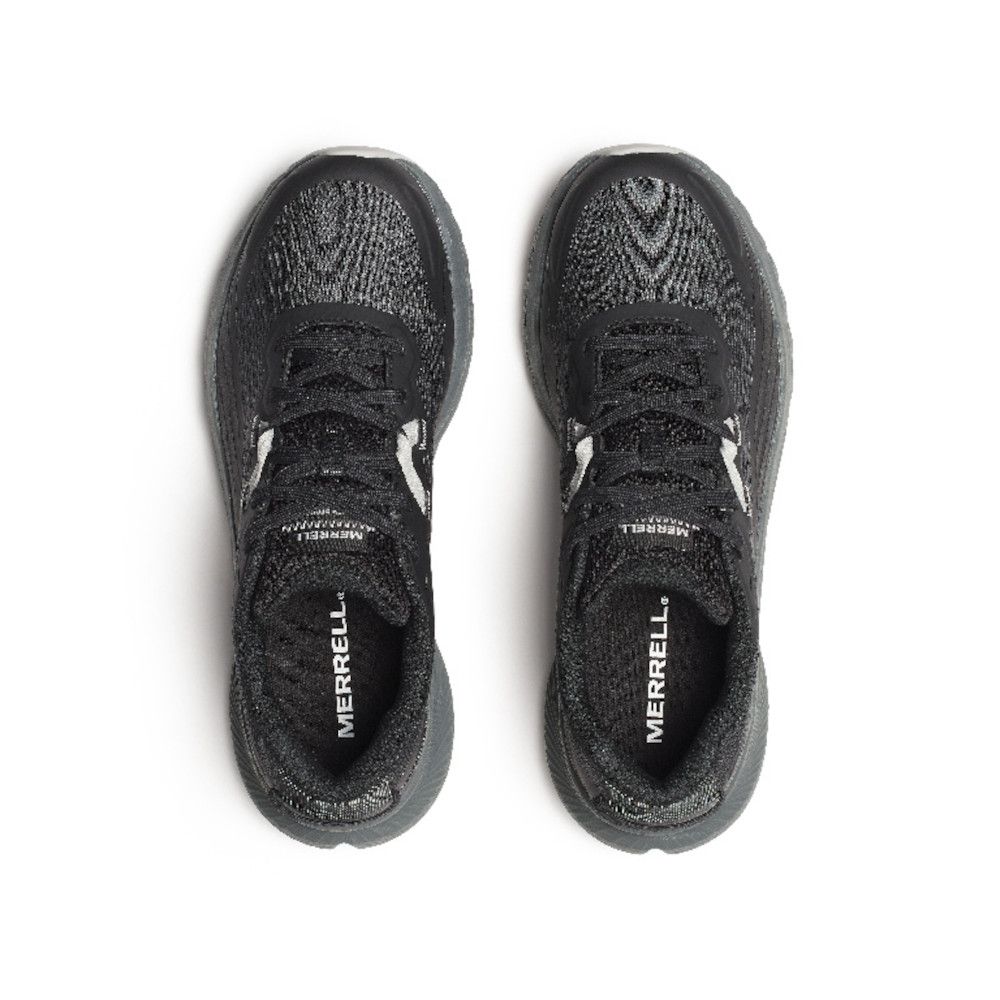 Top-down view of a pair of black Merrell running shoes with knit uppers and laces, brand visible on the tongues