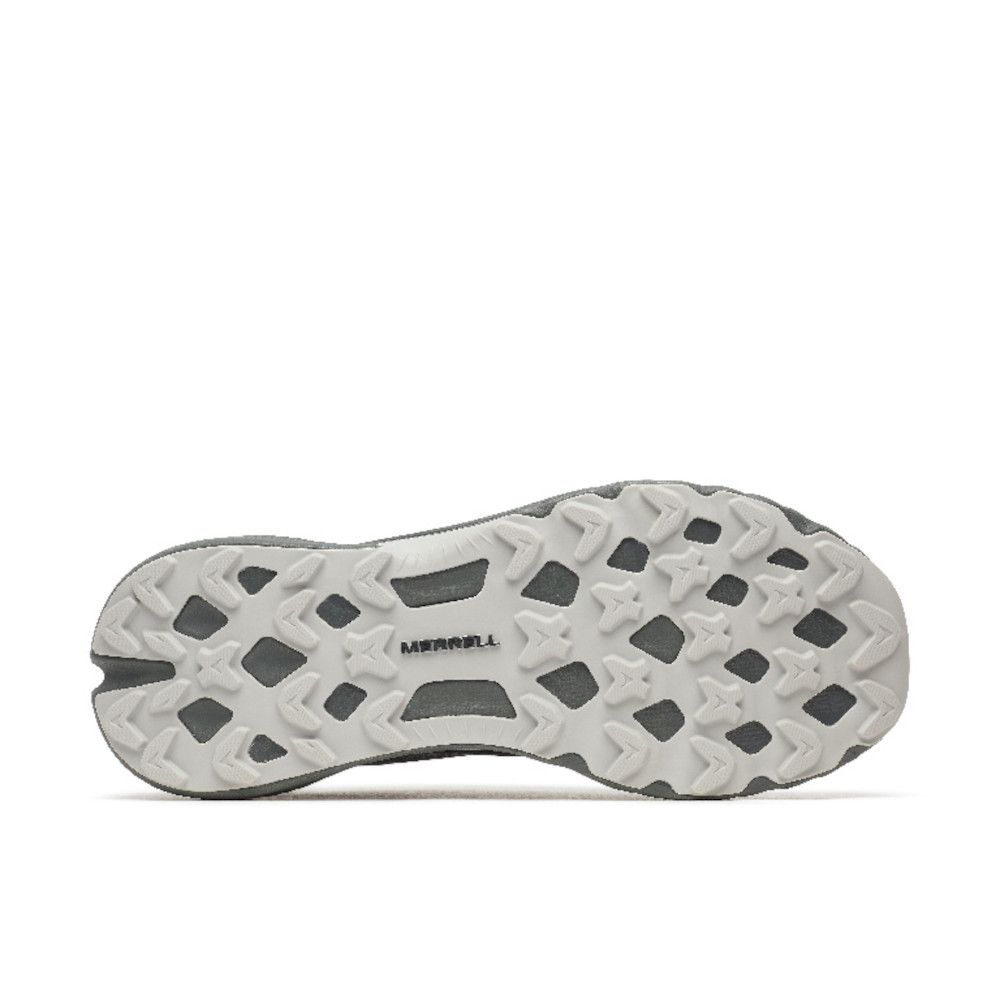 Bottom view of a gray hiking/trail shoe outsole with multi-directional lug pattern and the Merrell logo visible beneath the lugs.