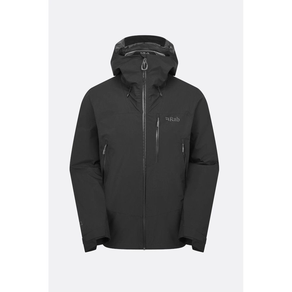 Black Rab waterproof hooded jacket with front zipper and multiple zip pockets
