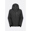 1_43c614ff-305c-487c-b528-744a22aa94cf Black Rab waterproof shell jacket with hood, front zipper, and multiple zip pockets for outdoor use.