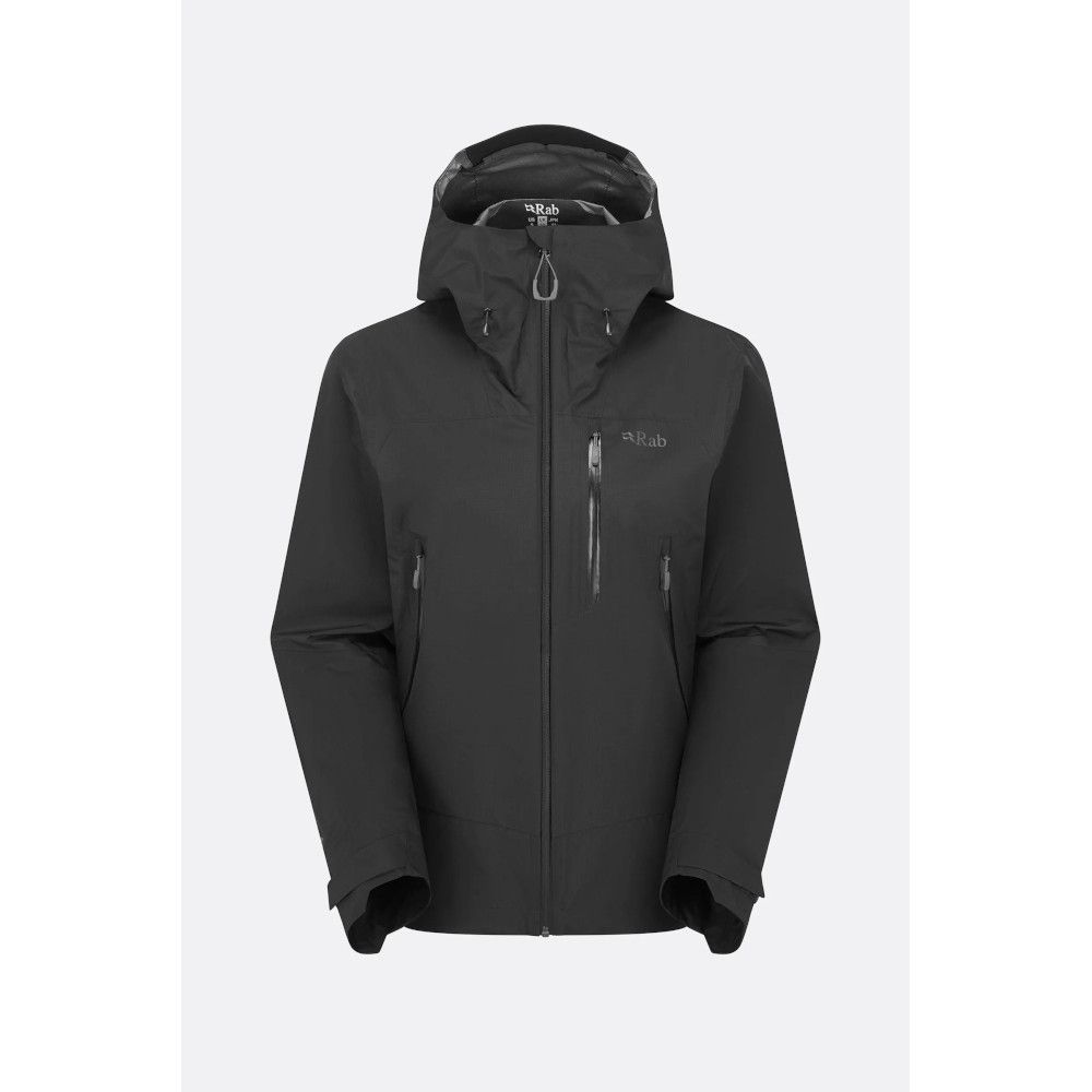 1_43c614ff-305c-487c-b528-744a22aa94cf Black Rab waterproof shell jacket with hood, front zipper, and multiple zip pockets for outdoor use.