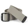 1_43c614ff-305c-487c-b528-744a22aa94cf Gray woven nylon belt with a black square buckle, rolled up for display, Montane branding
