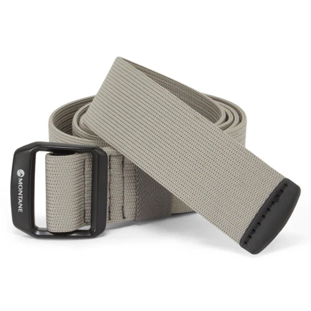 1_43c614ff-305c-487c-b528-744a22aa94cf Gray woven nylon belt with a black square buckle, rolled up for display, Montane branding