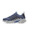 Blue and gray athletic running shoe with knit upper and thick rubber sole, side stripes visible.