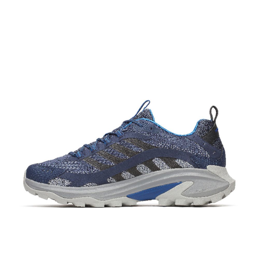 Blue and gray athletic running shoe with knit upper and thick rubber sole, side stripes visible.