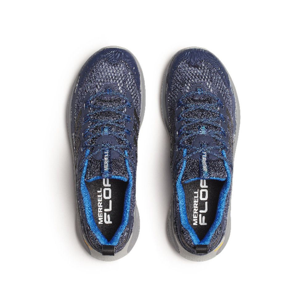 Pair of navy blue Merrell Flux running shoes seen from above, laces tied, on a white background.