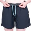 1_43c614ff-305c-487c-b528-744a22aa94cf Dark navy swim shorts with light blue drawstrings being tied at the waist.