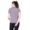 1_43c614ff-305c-487c-b528-744a22aa94cf Back view of a person wearing a lavender short-sleeve T-shirt and dark pants, with a curly ponytail.