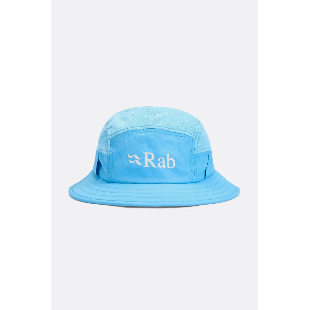1_43c614ff-305c-487c-b528-744a22aa94cf Light blue Rab sun hat with a curved brim and white Rab logo on the front.