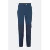 1_43c614ff-305c-487c-b528-744a22aa94cf Two-tone navy hiking pants with lighter upper panels, zippered side pockets, and a small front buckle detail on the waistband, full length.