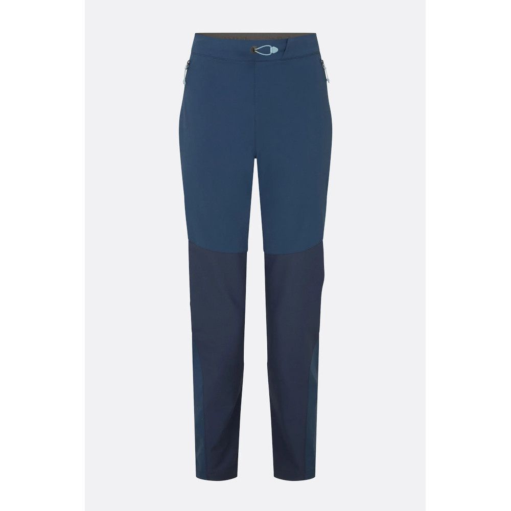 1_43c614ff-305c-487c-b528-744a22aa94cf Two-tone navy hiking pants with lighter upper panels, zippered side pockets, and a small front buckle detail on the waistband, full length.