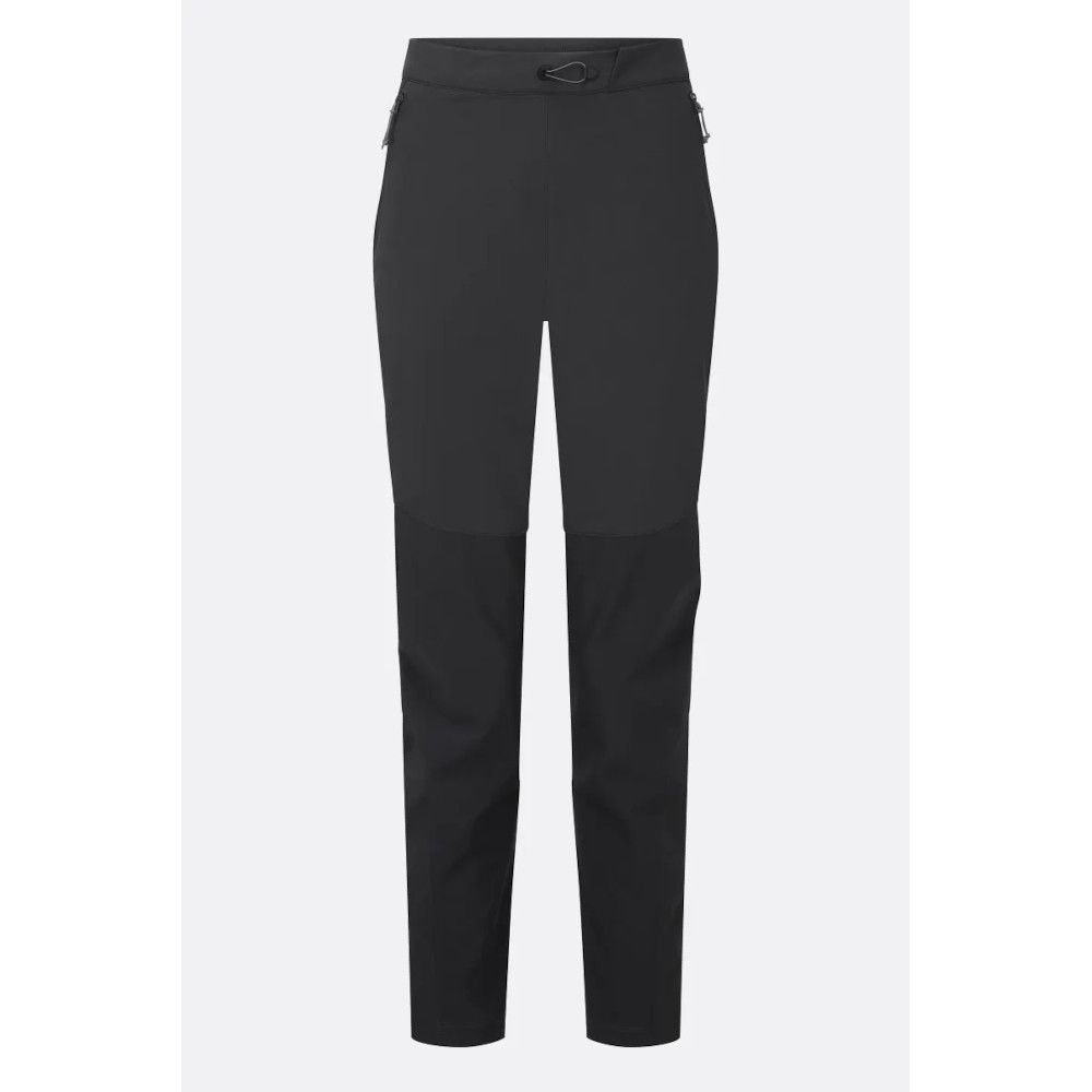 1_43c614ff-305c-487c-b528-744a22aa94cf Black outdoor hiking pants with zippered side pockets and an adjustable waistband.
