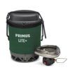 1_43c614ff-305c-487c-b528-744a22aa94cf Compact camping stove with a green insulated sleeve labeled 'PRIMUS LITE+', and a detachable burner nearby.