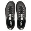 1_43c614ff-305c-487c-b528-744a22aa94cf Top-down view of a pair of dark gray hiking shoes with black laces and white pull tabs, shown from above with visible brand on the insoles.